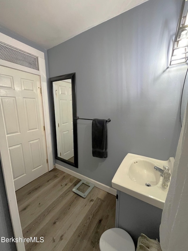 bathroom with vanity and hardwood / wood-style flooring