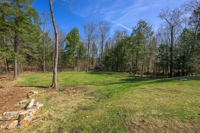 view of yard with a view of trees