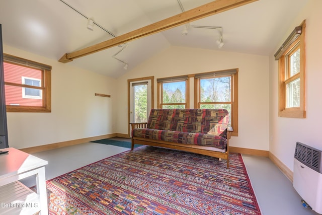 living room featuring heating unit, baseboards, vaulted ceiling, and rail lighting