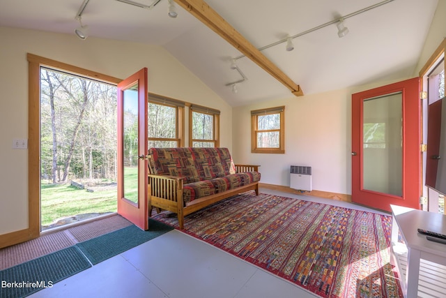 living room featuring heating unit, vaulted ceiling, and rail lighting