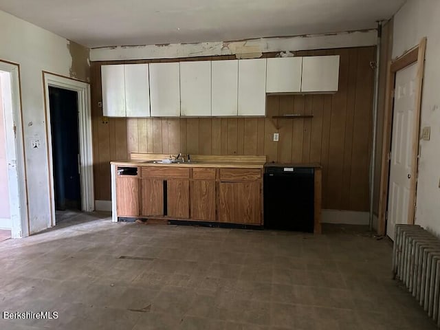 27-29 Daniels Ave, Pittsfield, MA 01201 - kitchen featuring radiator, wooden walls, white cabinetry, brown cabinets, and light countertops