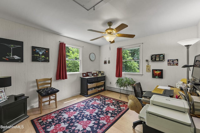 4 Birch Hill Rd, Peru, MA 01235 - home office with plenty of natural light, baseboard heating, a ceiling fan, wood finished floors, and wood walls