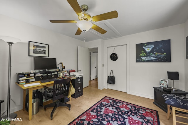 4 Birch Hill Rd, Peru, MA 01235 - office area with attic access, a ceiling fan, and light wood finished floors