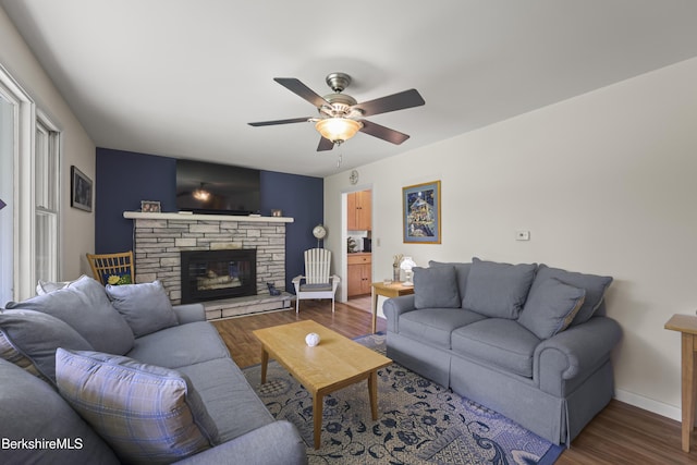 4 Birch Hill Rd, Peru, MA 01235 - living area featuring wood finished floors, ceiling fan, and a stone fireplace