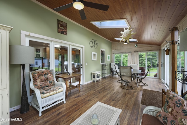 4 Birch Hill Rd, Peru, MA 01235 - sunroom / solarium featuring a skylight, wood ceiling, lofted ceiling, wood finished floors, and ornamental molding