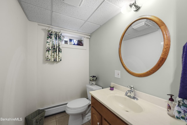 4 Birch Hill Rd, Peru, MA 01235 - half bathroom with a baseboard radiator, a drop ceiling, vanity, and tile patterned flooring