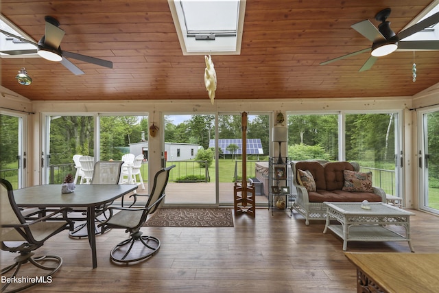 4 Birch Hill Rd, Peru, MA 01235 - sunroom / solarium featuring ceiling fan, lofted ceiling, outdoor dining space, and wood ceiling