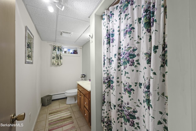 4 Birch Hill Rd, Peru, MA 01235 - full bathroom with a paneled ceiling, vanity, tile patterned floors, a shower with curtain, and baseboard heating