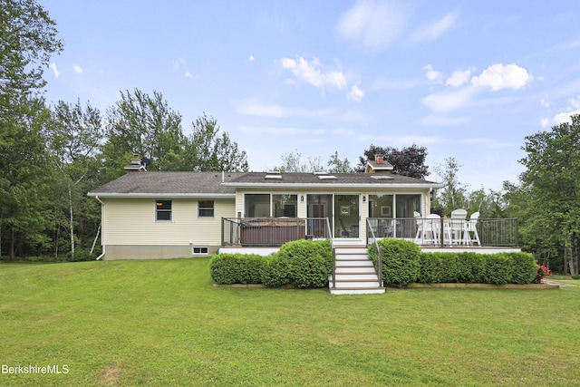 4 Birch Hill Rd, Peru, MA 01235 - rear view of property with stairs, a chimney, a deck, a yard, and a sunroom