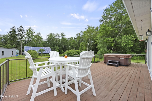 4 Birch Hill Rd, Peru, MA 01235 - deck featuring a hot tub, a yard, outdoor dining area, and view of scattered trees