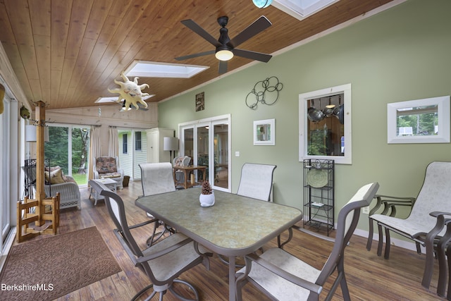 4 Birch Hill Rd, Peru, MA 01235 - dining space with a skylight, wooden ceiling, lofted ceiling, a ceiling fan, and wood finished floors
