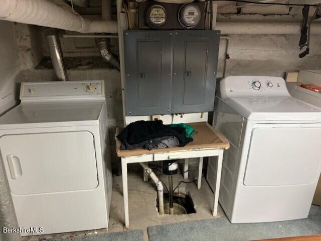 laundry area featuring electric panel and separate washer and dryer