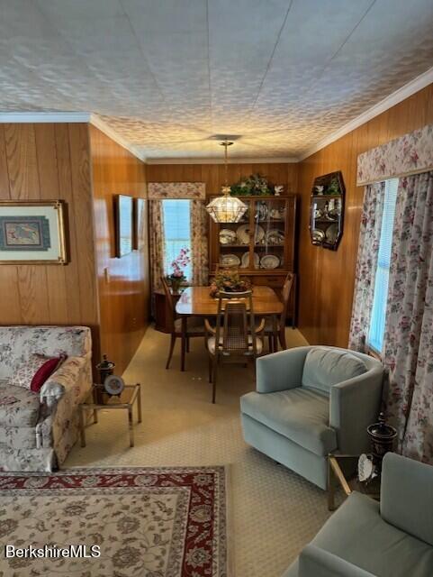 living room with wooden walls, carpet, a healthy amount of sunlight, and ornamental molding