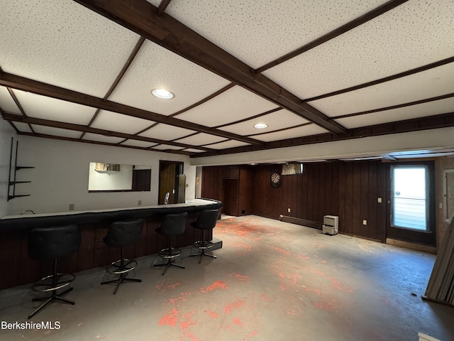 31 Autumn Dr, North Adams, MA 01247 - indoor wet bar featuring concrete flooring, recessed lighting, wooden walls, a baseboard radiator, and beamed ceiling
