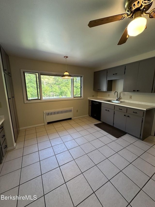 31 Autumn Dr, North Adams, MA 01247 - kitchen featuring radiator, dishwasher, gray cabinets, light countertops, and light tile patterned floors