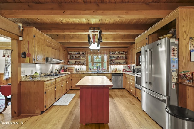 135 E St, Lee, MA 01238 - kitchen featuring stainless steel appliances, open shelves, light wood-type flooring, a wooden ceiling with exposed beams, and under cabinet range hood