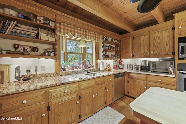 135 E St, Lee, MA 01238 - kitchen featuring open shelves, stainless steel appliances, wood finished floors, a wooden ceiling with exposed beams, and light stone counters