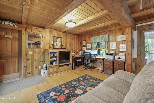 135 E St, Lee, MA 01238 - office space with a wood ceiling with exposed beams, wood walls, and wood finished floors