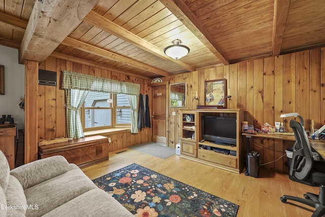 135 E St, Lee, MA 01238 - office with a wooden ceiling with exposed beams, wood finished floors, and wooden walls