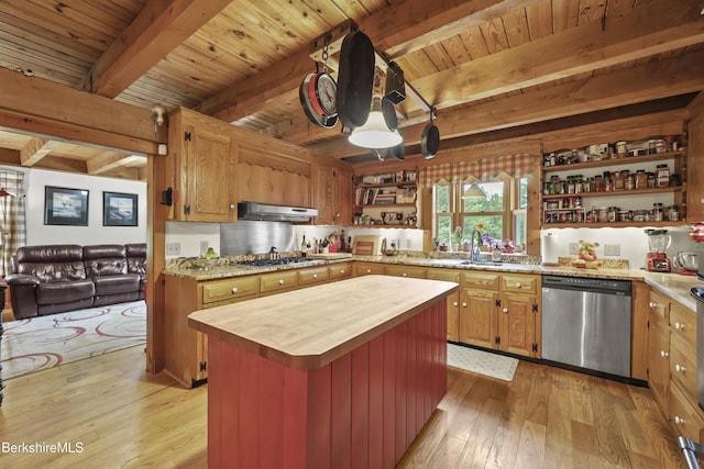 135 E St, Lee, MA 01238 - kitchen featuring stainless steel dishwasher, open shelves, butcher block counters, light wood-style flooring, and a wood ceiling with exposed beams