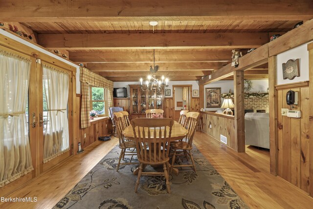 135 E St, Lee, MA 01238 - dining area with wood finished floors, wooden walls, a wood ceiling with exposed beams, a chandelier, and french doors