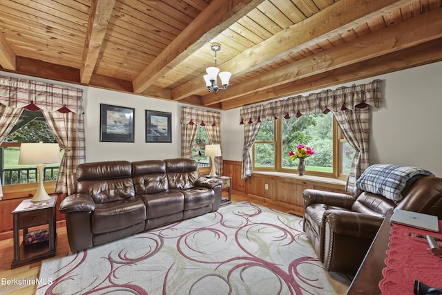 135 E St, Lee, MA 01238 - living room featuring a wooden ceiling with exposed beams, wood finished floors, a chandelier, wainscoting, and wood walls