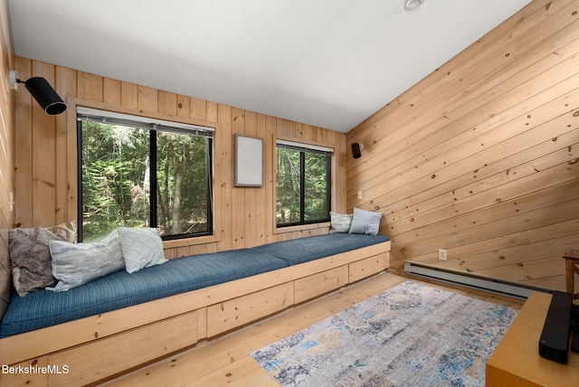 454 Seneca Dr, Becket, MA 01223 - sitting room featuring wooden walls, hardwood / wood-style flooring, and baseboard heating