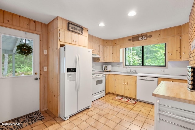 454 Seneca Dr, Becket, MA 01223 - kitchen featuring white appliances, under cabinet range hood, light countertops, light tile patterned floors, and recessed lighting