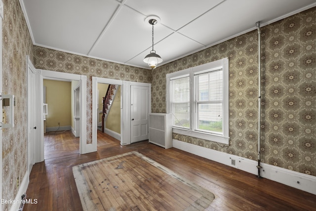34-36 Crandall St, Adams, MA 01220 - unfurnished dining area featuring wood-type flooring, wallpapered walls, stairway, and ornamental molding