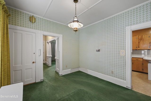 34-36 Crandall St, Adams, MA 01220 - unfurnished dining area with crown molding, dark colored carpet, and wallpapered walls
