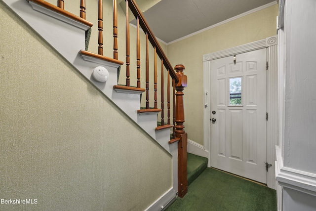 34-36 Crandall St, Adams, MA 01220 - foyer entrance with carpet, crown molding, and stairway