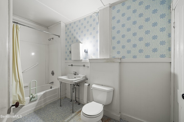 34-36 Crandall St, Adams, MA 01220 - bathroom with shower / washtub combination, wallpapered walls, and wainscoting