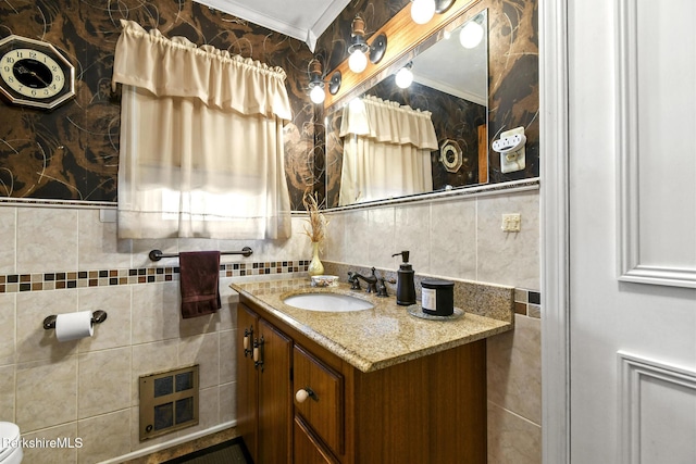 110 Maple Grove Dr, Pittsfield, MA 01201 - bathroom featuring tile walls, ornamental molding, and vanity