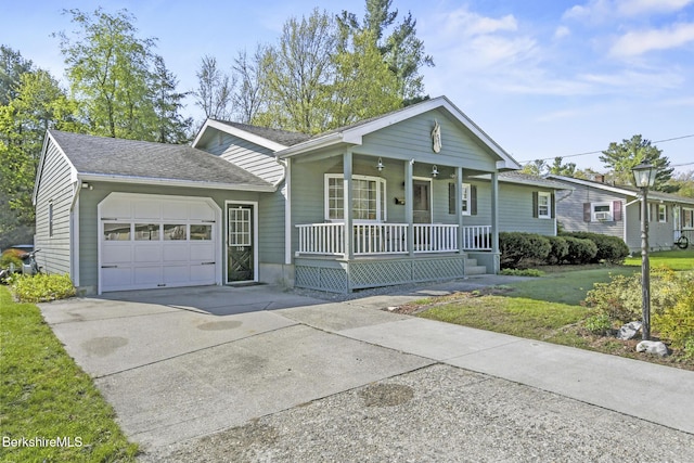 110 Maple Grove Dr, Pittsfield, MA 01201 - single story home with a porch, concrete driveway, an attached garage, a front lawn, and a shingled roof