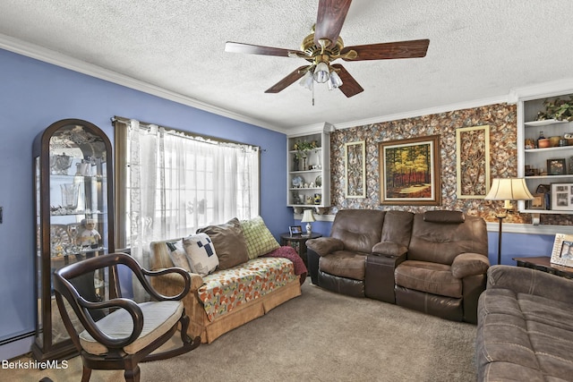 110 Maple Grove Dr, Pittsfield, MA 01201 - living room with a ceiling fan, a textured ceiling, ornamental molding, a baseboard radiator, and carpet floors