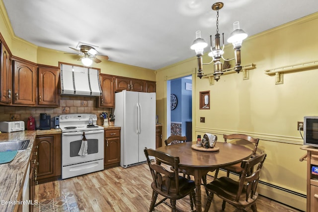 110 Maple Grove Dr, Pittsfield, MA 01201 - kitchen featuring white appliances, ventilation hood, a chandelier, ceiling fan, and backsplash