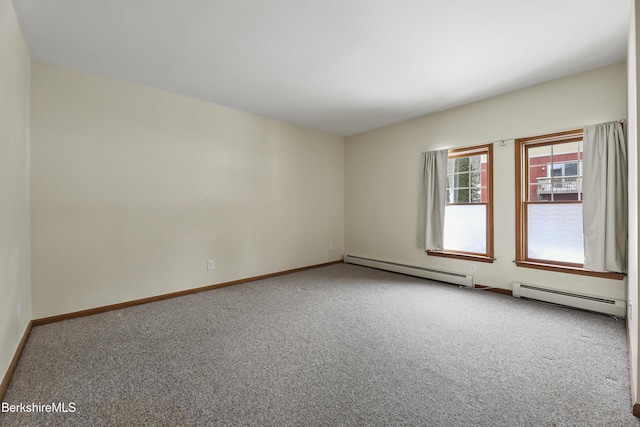 empty room featuring a baseboard radiator and carpet