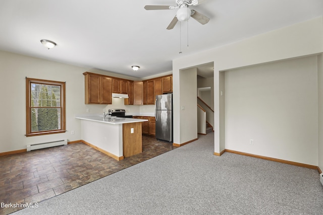 kitchen with kitchen peninsula, dark colored carpet, ceiling fan, a baseboard radiator, and appliances with stainless steel finishes