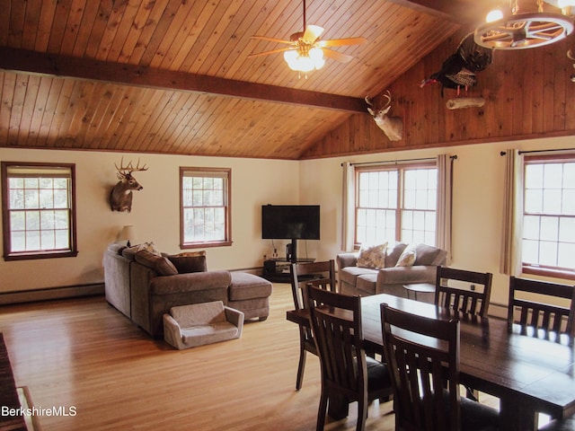 805 Savoy Rd, Cheshire, MA 01225 - dining room with wood finished floors, a wood ceiling with exposed beams, ceiling fan, a baseboard radiator, and high vaulted ceiling