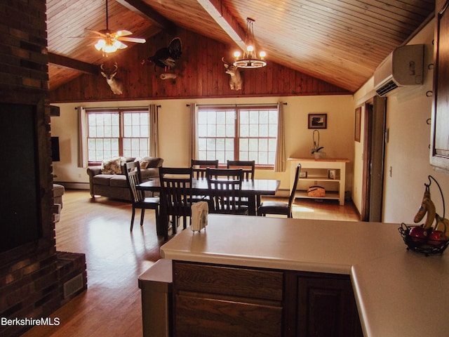 805 Savoy Rd, Cheshire, MA 01225 - dining room with wood ceiling, healthy amount of natural light, wood finished floors, a wall unit AC, and a ceiling fan