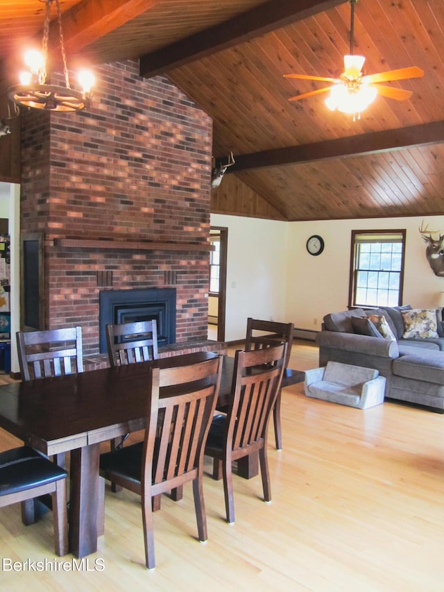 805 Savoy Rd, Cheshire, MA 01225 - dining area featuring wood finished floors, high vaulted ceiling, a wooden ceiling with exposed beams, a ceiling fan, and a brick fireplace