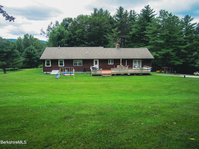 805 Savoy Rd, Cheshire, MA 01225 - view of front facade with a deck, a front lawn, and a chimney