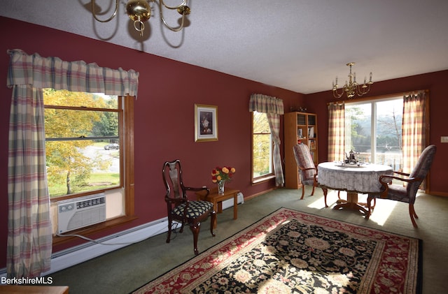 131 Wilshire Dr, Cheshire, MA 01225 - dining space with carpet floors, baseboards, an inviting chandelier, and a wall unit AC