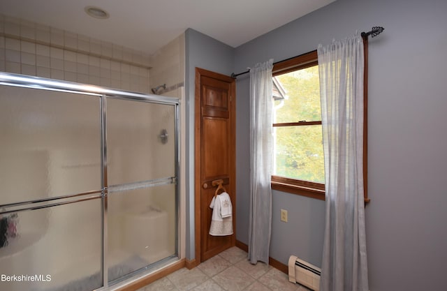 131 Wilshire Dr, Cheshire, MA 01225 - bathroom featuring tile patterned floors, baseboard heating, baseboards, and a stall shower