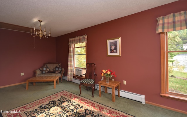 131 Wilshire Dr, Cheshire, MA 01225 - sitting room featuring baseboards, a chandelier, a textured ceiling, carpet floors, and cooling unit