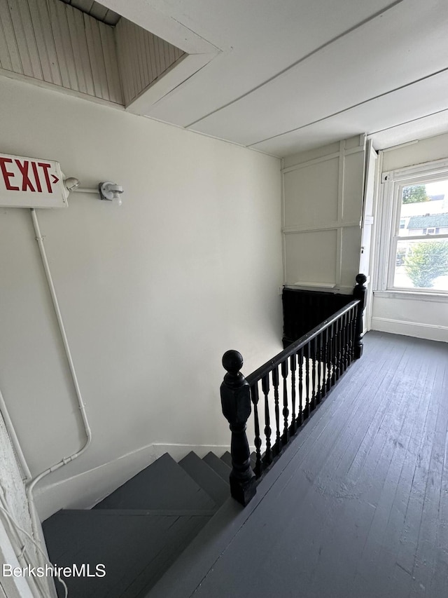 staircase with hardwood / wood-style floors