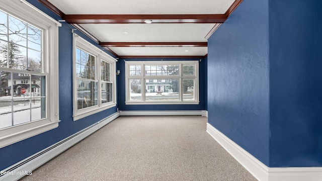 unfurnished sunroom with beamed ceiling and a baseboard heating unit