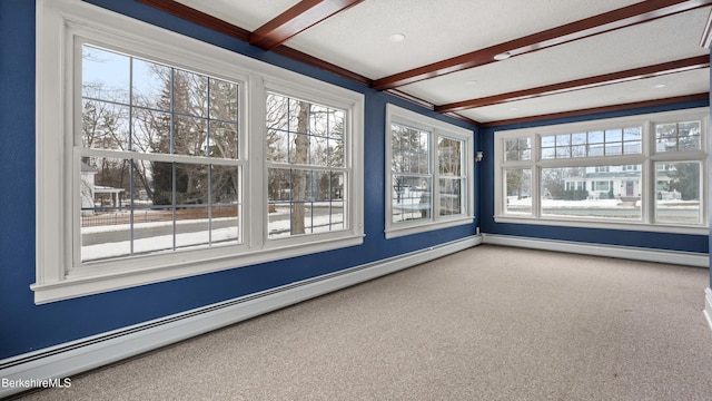 unfurnished sunroom featuring beamed ceiling and a baseboard radiator