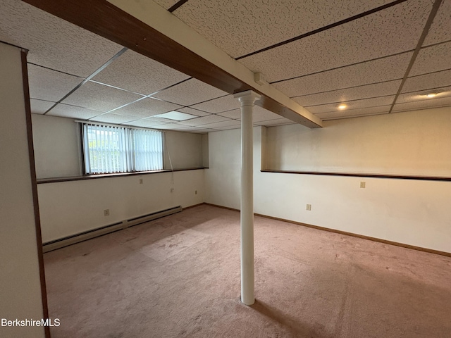 184 Mcintosh Dr, Pittsfield, MA 01201 - basement with a drop ceiling, a baseboard radiator, and carpet floors