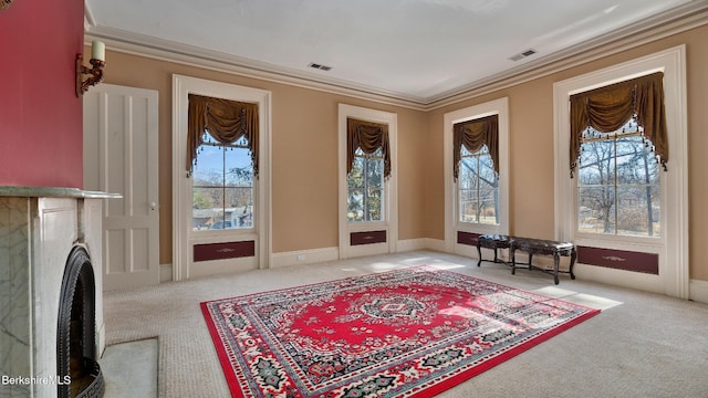 6 Eileen Dr, Rensselaer, NY 12144 - living area featuring visible vents, carpet, and ornamental molding